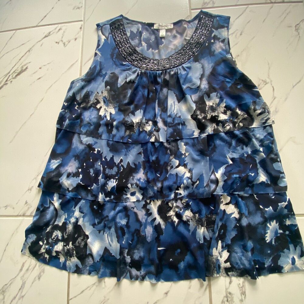 Dressbarn Womens 1X Blue Floral Tiered Blouse Sleeveless Beaded Neck Top
